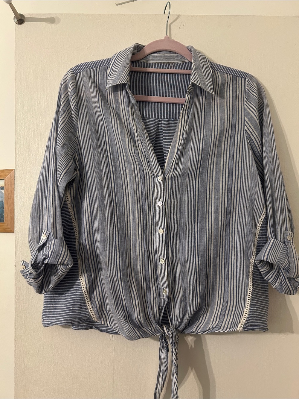 Striped Tie-Front Button-Up Shirt - Blue and White